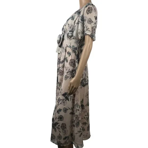 ASTR Boho Floral Print Midi Wrap Dress Short Sleeve V-Neck Sundress Size M Pink - Picture 4 of 8